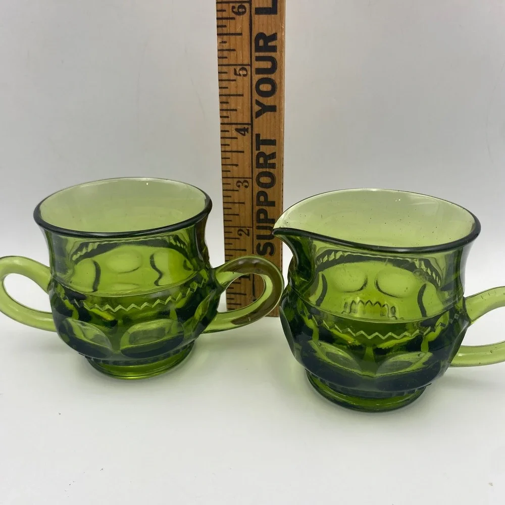 Vintage Green Glass Creamer and Sugar Bowl Set Thumbprint Pattern Retro MCM‎